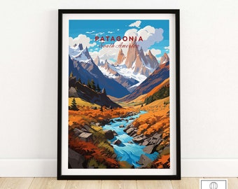 Impression d'art d'affiche de Patagonie Impression de voyage en Amérique du Sud | Poster décoratif pour la maison | Illustration numérique