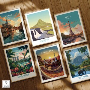 Framed travel posters of Venice, Paris, Iceland, Singapore, Barcelona, and Sri Lanka for wall art decor