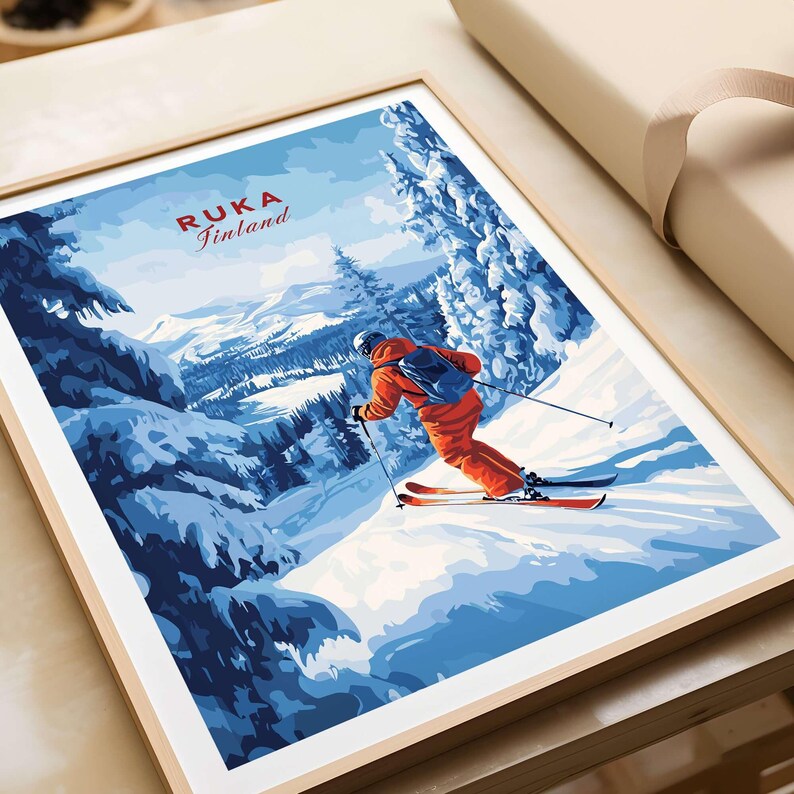 Ruka Ski Resort Art Print Skiing Wall Art Finland Winter Sports Artwork ...