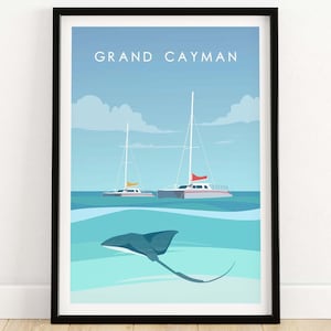 Grand Cayman Wall Art Poster Print | Caribbean Travel Poster | Grand Cayman Art | Stingray Art | Catamaran Painting | Gift Idea