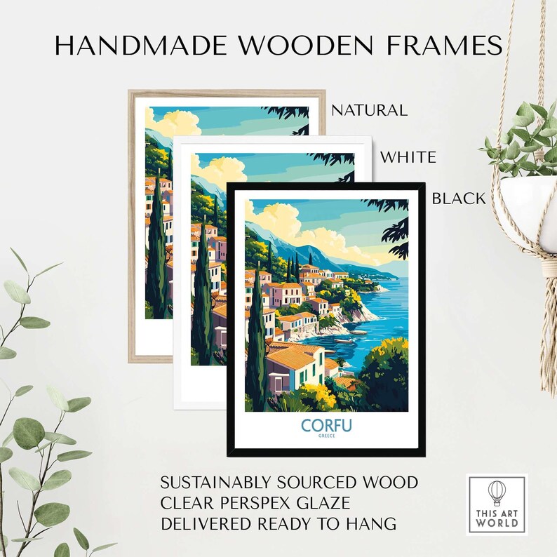 Handmade wooden frames in natural, white, and black for Corfu landscape art print, sustainably sourced and ready to hang.