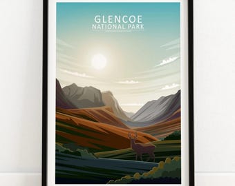 Póster de Glencoe / Impresión de Parque Nacional / Póster de viaje a Escocia, Reino Unido / Arte mural con y sin marco de la campiña escocesa / Idea de regalo para decoración del hogar