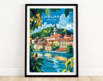 Póster de Liubliana, Eslovenia. Impresión artística de Liubliana. Impresión de viaje, decoración del hogar, póster, regalo, ilustración digital, obra de arte, Eslovenia.