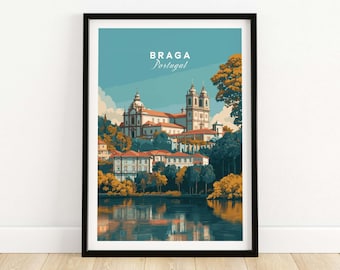 May include: A framed art print featuring a scenic view of Braga, Portugal. The artwork depicts a detailed illustration of a church and buildings, with the text "BRAGA Portugal" at the top. The image is set against a blue sky and a reflective body of water.
