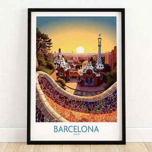 Plakat podróżniczy „Park Guell w Barcelonie”, hiszpańska sztuka ścienna, wystrój miejski Barcelony, pamiątka turystyczna, nowoczesny prezent do domu
