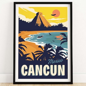 Impresión de Cancún / Póster de viaje retro vintage de México / Arte mural de Cancún / Regalo de Cancún / Impresión mexicana enmarcada y sin marco