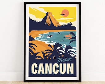 Cancun Print | Mexico Vintage Retro Travel Poster | Cancun Wall Art | Cancun Gift | Mexican Framed & Unframed Print