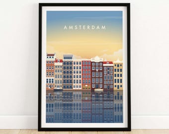 Amsterdam Print | Wall Art Poster | Skyline Cityscape | Amsterdam City Travel Minimalist Fine Art Print | Amsterdam Netherlands Gift Art