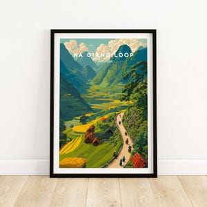 Ha Giang Loop Vietnam Valley Village Travel Print Motorbikes Poster Mountain Scenery Ha Giang Loop Vietnam Gift Art Lovers Illustration
