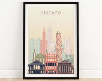 Chicago Skyline Wandposter | Illinois Stadtbild | Chicago Stadtkulisse Wanddeko | Chicago Geschenk | Chicago Digitaldruck
