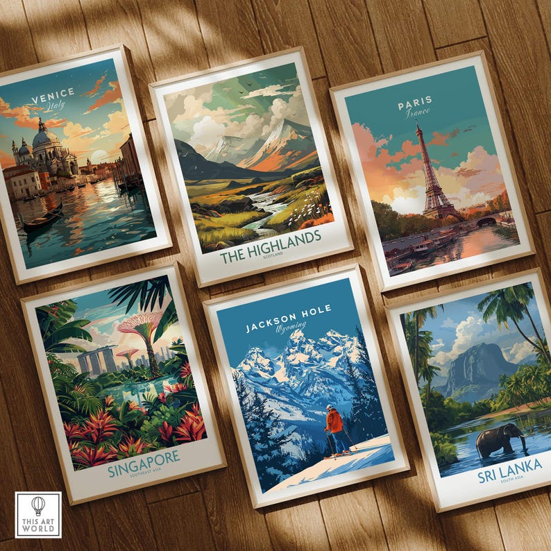 Jackson Hole Ski Poster - Wyoming among travel-themed wall art prints including Venice, Paris, Singapore, and Sri Lanka.