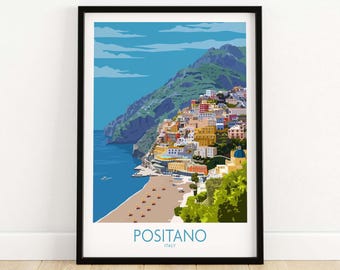 Wydruk z Positano | Plakat z podróży po Włoszech | Grafika ścienna z Positano | Wydruk z Wybrzeża Amalfi | Włoski prezent | Oprawiony i nieoprawiony wydruk artystyczny z Positano