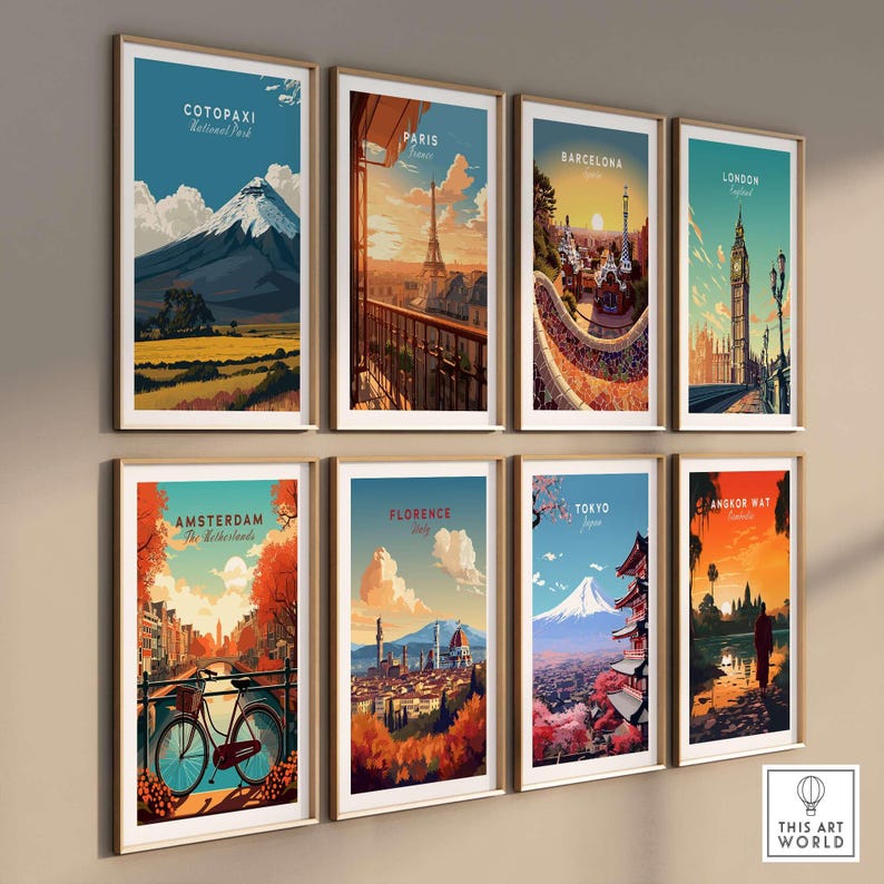 Gallery of travel posters featuring Cotopaxi, Paris, Barcelona, London, Amsterdam, Florence, Tokyo, and Angkor Wat.