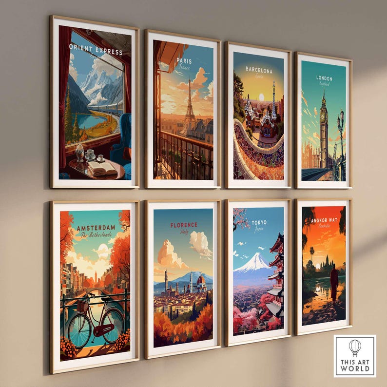 Orient Express Train Print | Vintage Rail Travel Decor showcased with other city travel prints