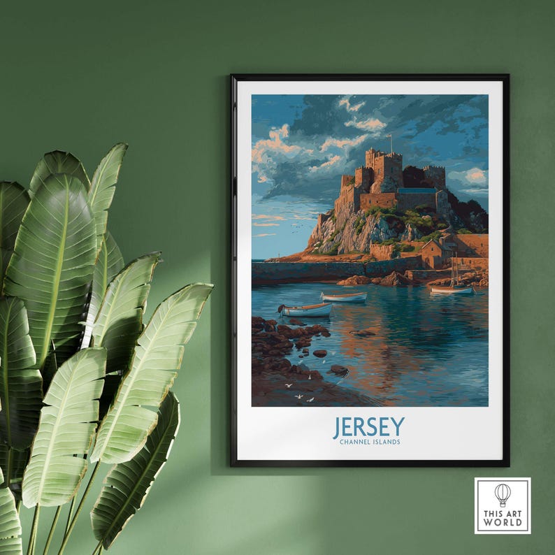 Jersey Channel Islands Art Print - Mont Orgueil Castle, featuring the castle above the sea with vibrant colors.