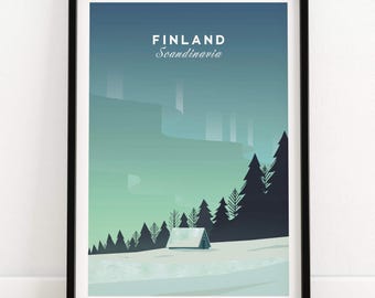 Finland Travel Poster | Lapland Winter Landscape, Northern Lights Art