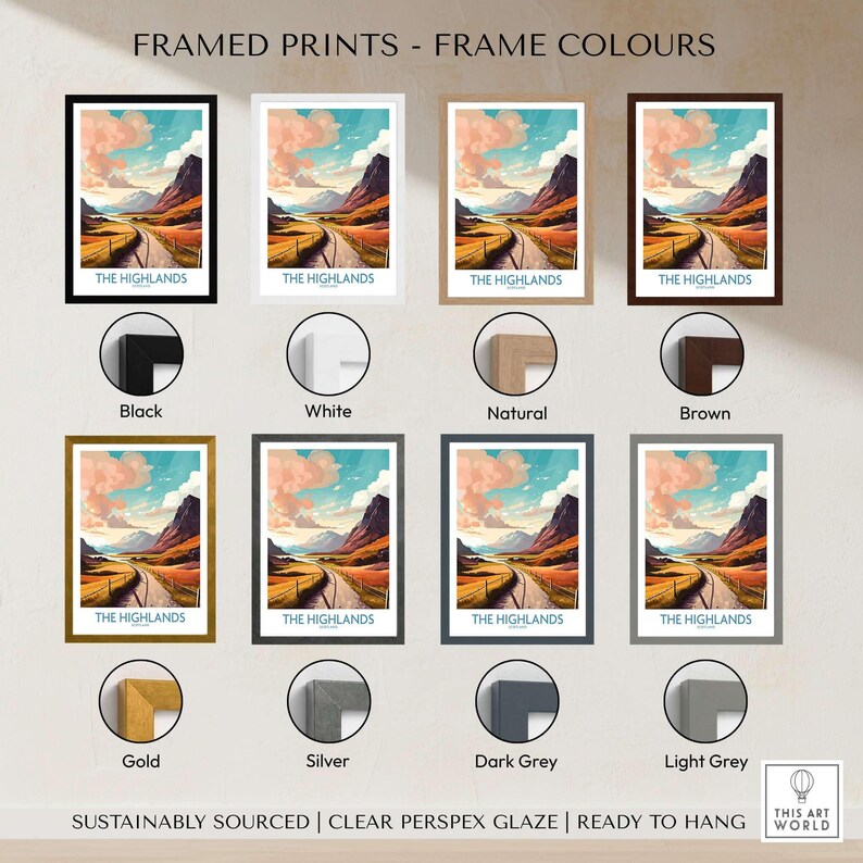 The Highlands Scotland Wall Art framed prints in various colors including black, white, natural, brown, gold, silver, dark grey, light grey.
