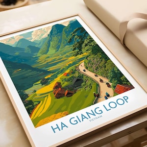 Vietnam Ha Giang Loop Village Poster Mountain Valley Print Motorbike Travel Wall Art Ha Giang Loop Vietnam Gift Art Lovers Illustration