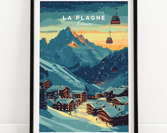 Póster de la estación de esquí de La Plagne, arte mural de los Alpes franceses, impresión de deportes de invierno, decoración de montaña, regalo de aventura, decoración de una cabaña de esquí
