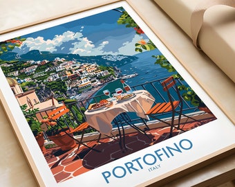 Stampa poster di viaggio di Portofino - Arte murale con paesaggio italiano Poster di Portofino Stampa artistica italiana Regalo della Riviera italiana
