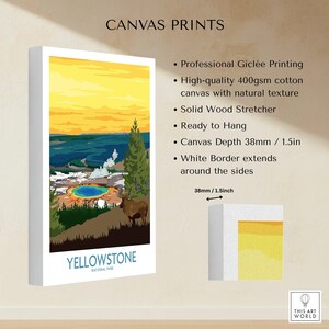 Yellowstone National Park canvas wall art print with colorful landscape, geyser, and wildlife.