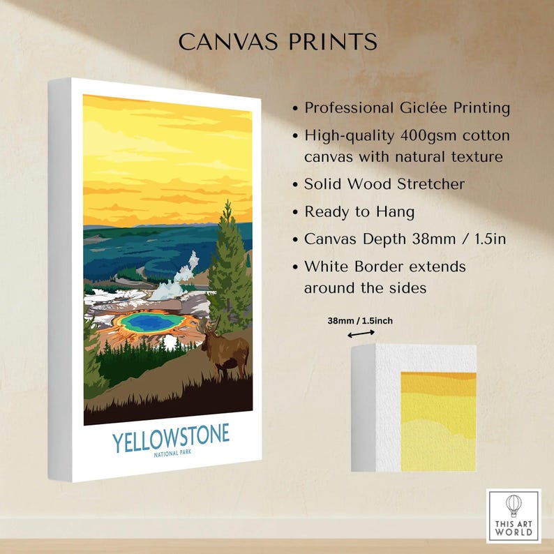 Yellowstone National Park canvas wall art print with colorful landscape, geyser, and wildlife.