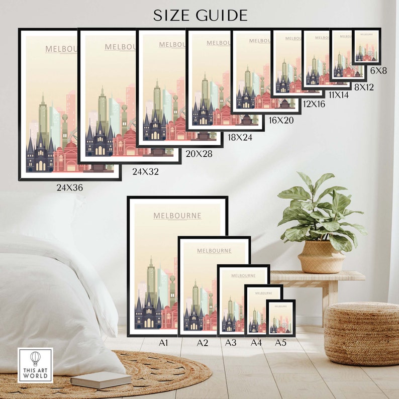 May include: A size guide for art prints featuring a stylized illustration of the Melbourne skyline. The guide shows different print sizes, ranging from 6x8 inches to 24x36 inches. The prints are available in various sizes, including A1, A2, A3, A4, and A5.