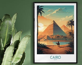May include: A vintage travel poster depicting a sunset view of the pyramids in Cairo, Egypt. The poster features a camel rider in the foreground and palm trees in the background. The text "CAIRO EGYPT" is at the bottom of the poster.