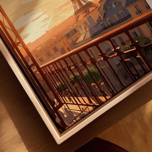 Close-up view of a Paris Eiffel Tower Poster showcasing intricate details and warm colors that evoke a Parisian atmosphere.