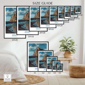 Jersey Channel Islands Art Print - Mont Orgueil Castle size guide with various frame sizes and dimensions displayed.