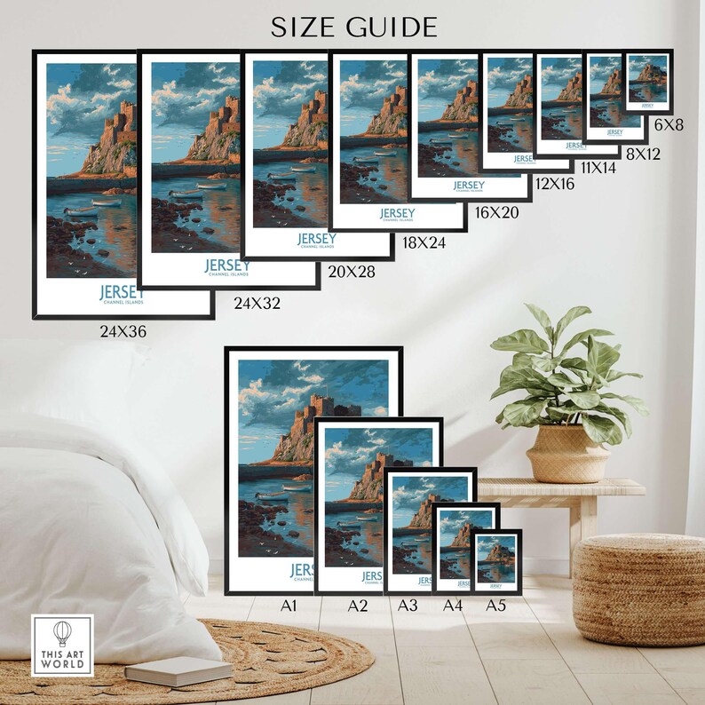 Jersey Channel Islands Art Print - Mont Orgueil Castle size guide with various frame sizes and dimensions displayed.