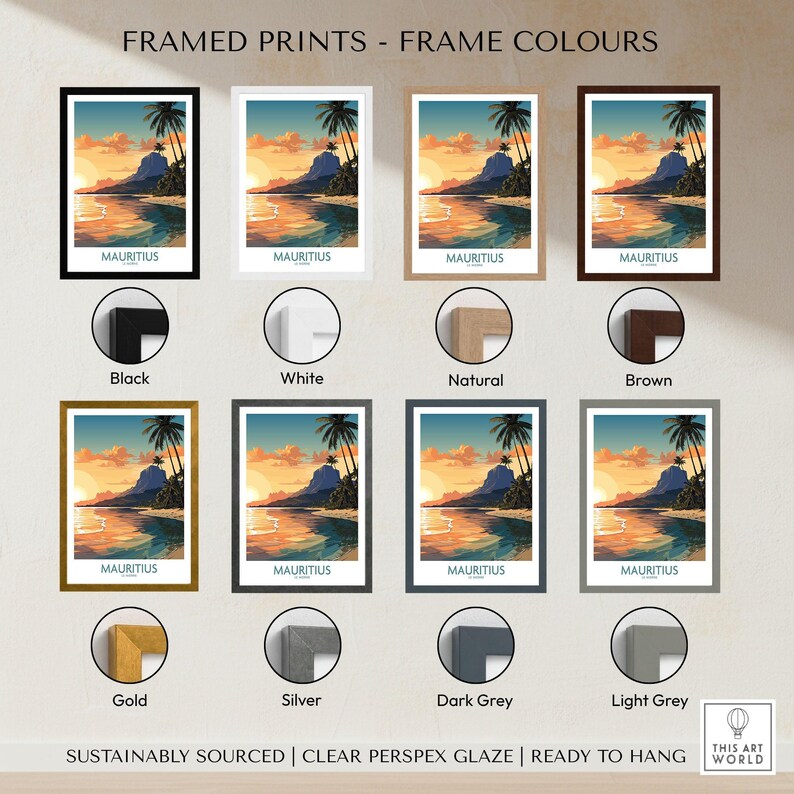 Le Morne Mauritius Wall Art framed print frame colour options: black, white, natural, brown, gold, silver, dark grey and light grey