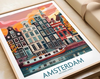 Amsterdam Print Wall Art, Cartel de los Países Bajos, Amsterdam Gift Artwork Amsterdam Housewarming, Aniversario, Regalo de cumpleaños Amsterdam