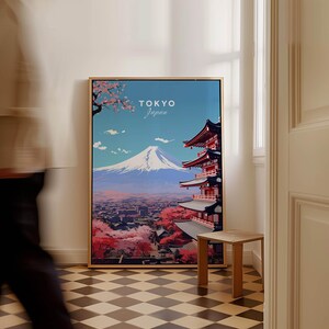 Tokyo Travel Poster featuring a scenic view of Mount Fuji and traditional architecture in Japan.