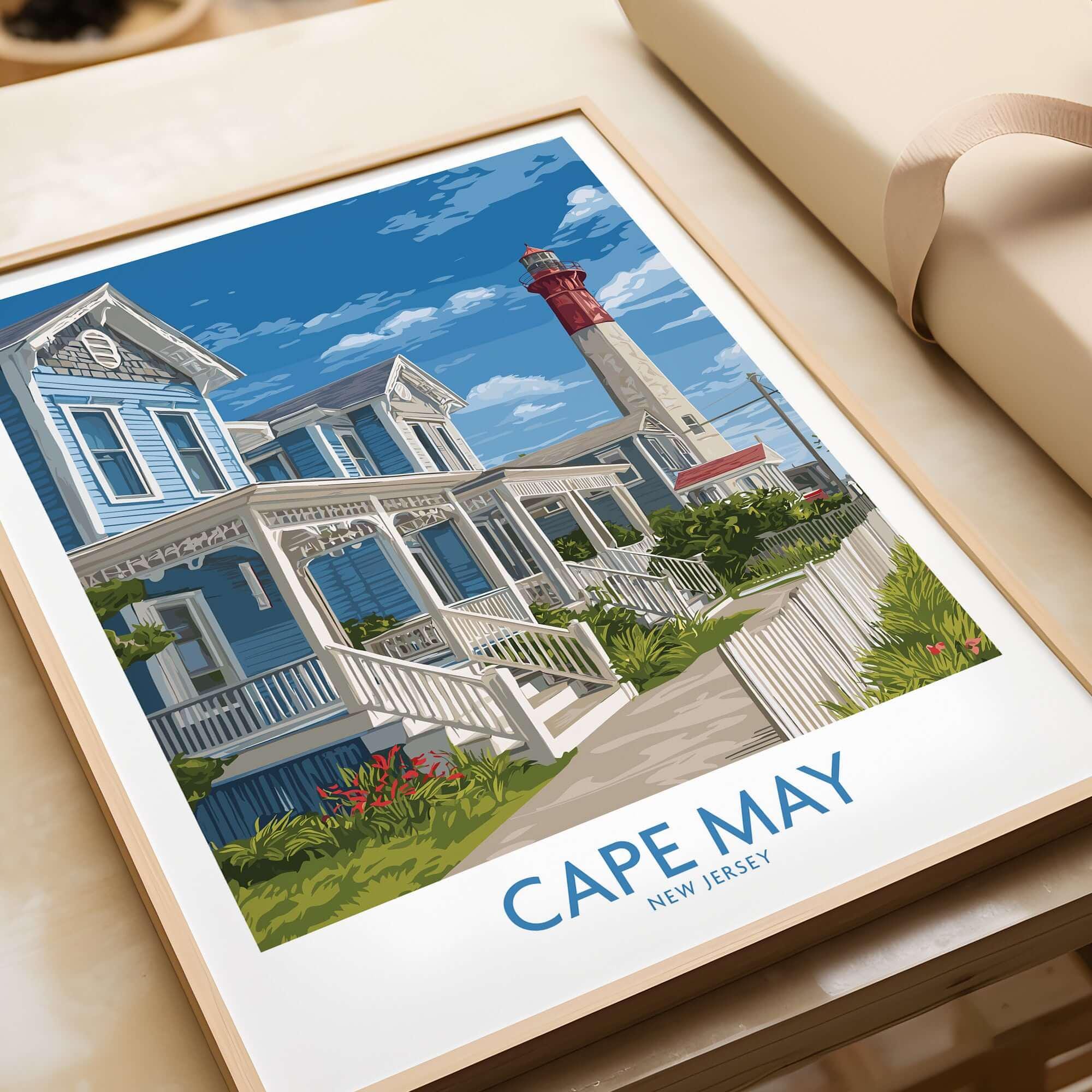 Cape May Shoreline Print - Vintage Style New Jersey Travel Art Cape May Gift Art Lovers Illustration