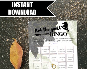 May include: A printable "Find the Guest Bingo" game card with a witch's hat and arrow graphic. The card has a grid of 25 squares with various prompts like "is wearing a dress", "is a cat person", "has younger siblings", and "is married".
