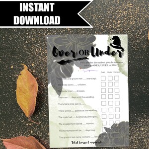 Printable bachelorette party game - witchy Over or Under. Perfect for the in-person and online alternative, spooky party! / instant download