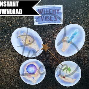 May include: Four digital illustrations of hands holding various witchy items. The items include a glowing orb, a vial of potion, a plant, and a handful of sparkling stars. The background is a dark blue with gold glitter.