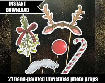 Printable photo props (x21) for a Christmas party. Accessories for a winter holiday photobooth / Instant download, digital file