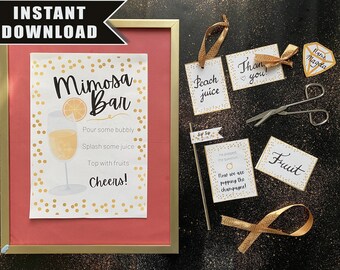 DIY mimosa bar decor and banner in white & gold. Perfect for the in-person or online bachelorette party! // instant download, printable