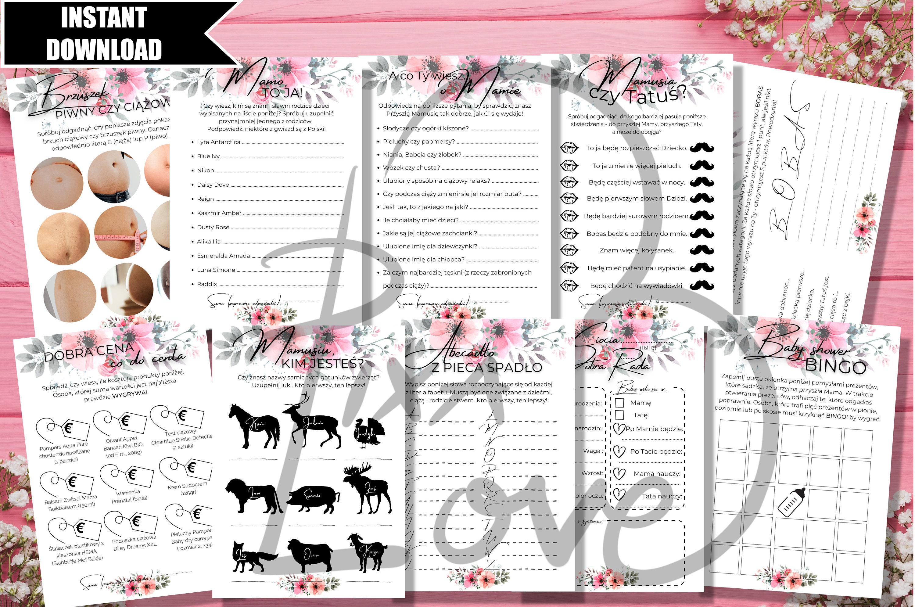 Quiz Na Baby Shower Po Polsku Printable Baby Shower Games in POLISH X10 / Zestaw Gier Na Pępkowe Po