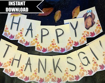 Happy Thanksgiving printable banner - autumn bunting. Perfect decoration for in-person and online party! // instant download, printable