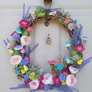 Lg Mushroom wreath/ Crystals and Flowers/ doorhanger/ enchanted/ forest fairy