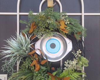 XL Protection wreath/ Evil eye / Maloik/doorhanger/ hanpainted/ thrifted/ Tiger's eye