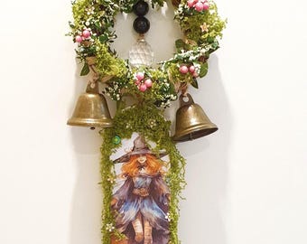 Sino de bruxa para proteção da casa, carrilhão de vento, Wicca, guirlanda de porta, amuleto, sinos protetores, decoração, ideia de presente, decoupage, apanhador de sol