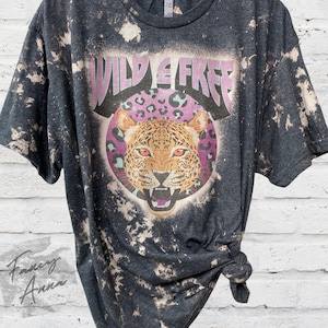 Wild and Free leopard bleached shirt, cheetah bleach tee, concert distressed shirt, rocker band leopard tee, acid wash leopard 80s  t shirt