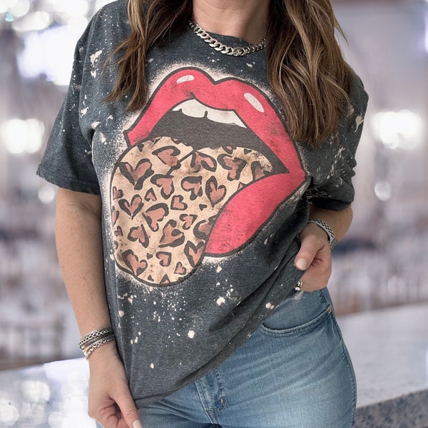 Lips tongue leopard shirt, distressed bleach shirt, rocker leopard hearts t shirt, rock and roll bleach tee, red lips acid leopard shirt