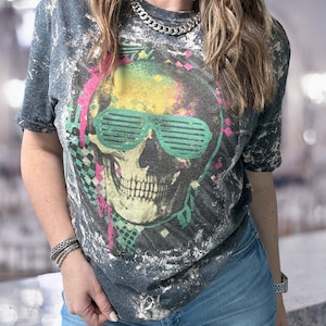 Skull vapor wave t shirt, 80s skull bleached t shirt, I love 80 skeleton shirt, rad skull 1980s sunglasses shirt, eighties memphis skull tee