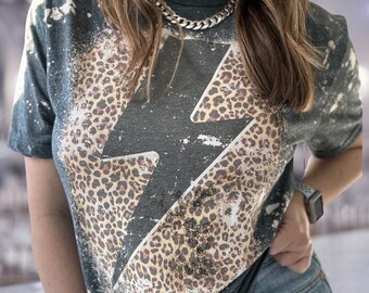 Lightning and leopard bleached t shirt, thunder leopard distressed graphic tee