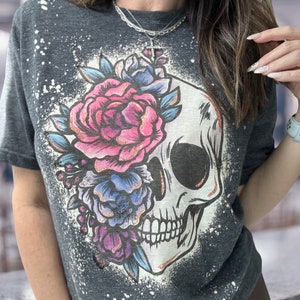 Floral Skull bleached t shirt, skeleton fall bleach shirt, Halloween skull t shirt, spooky skull flowers shirt, cute spooky skull shirt